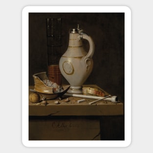 A Toebakje Still Life of Smoking Utensils, a Jug and a Tall Glass Partly Filled with Beer by Edwaert Collier Sticker